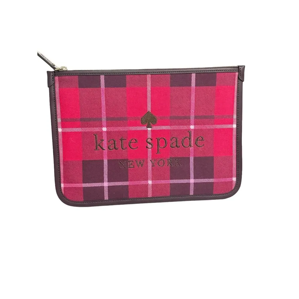 Kate Spade ella plaid large zip pouch New